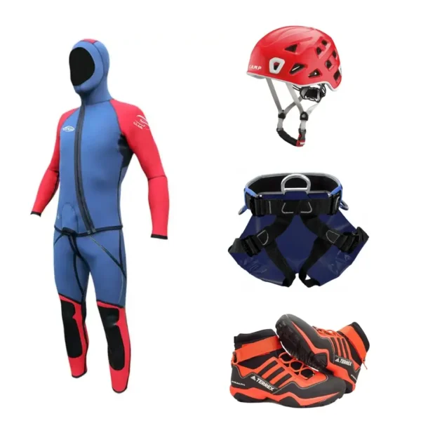 Pack Rojo Azul Barranquismo material barrancos neopreno seland botas adidas arnés y casco