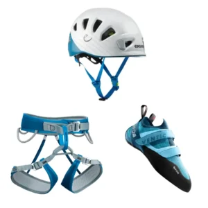 Pack Escalada Azul oferta material escalada casco arnés y pies de gato
