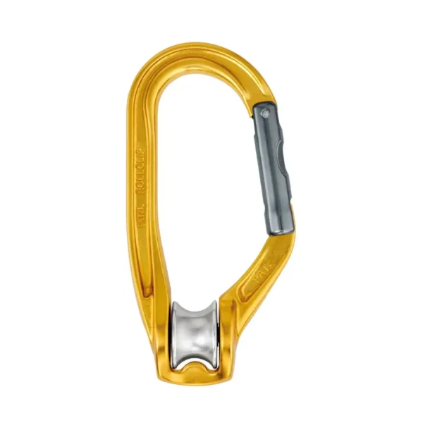 Rollclip A Petzl es una polea mosquetón de la marca petzl sin seguro. Facilita la instalación de la cuerda cuando la polea está fijada al anclaje.